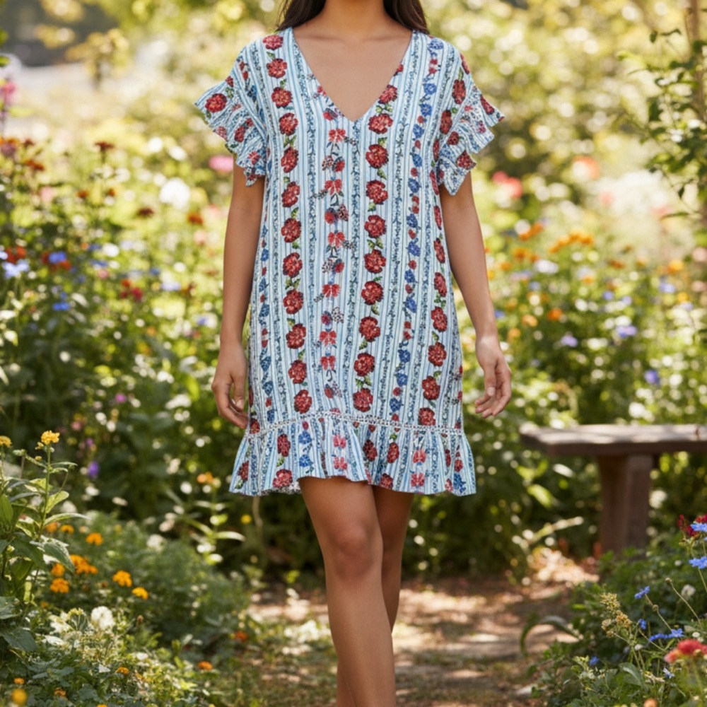 Anthropologie Miss Me Duet Frill Embroidered Rose Blue Striped Mini Tunic Dress